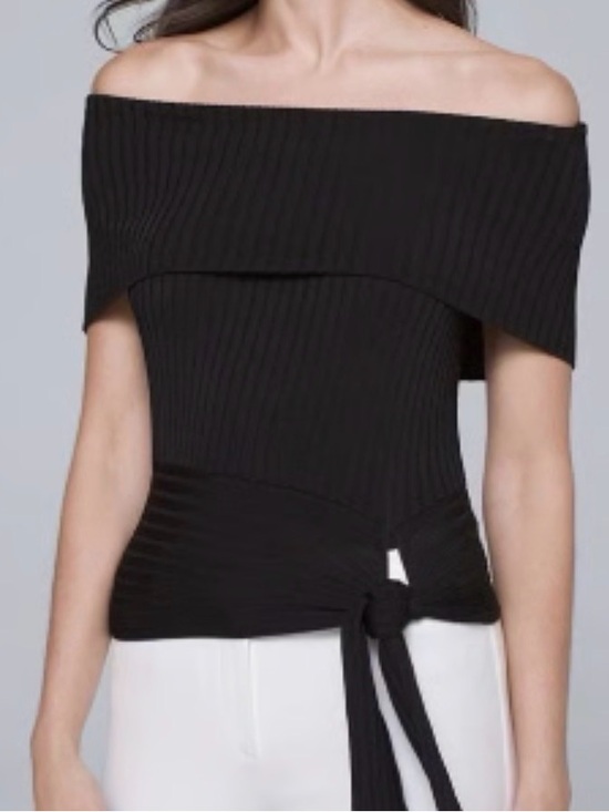 White House Black Market Tops - White House Black Market Black Ribbed Knit Off Shoulder Side Tie Crop Sweater